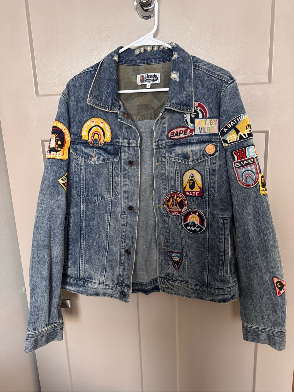 Bape Denim Jacket with Multicolor Embroidered Patches